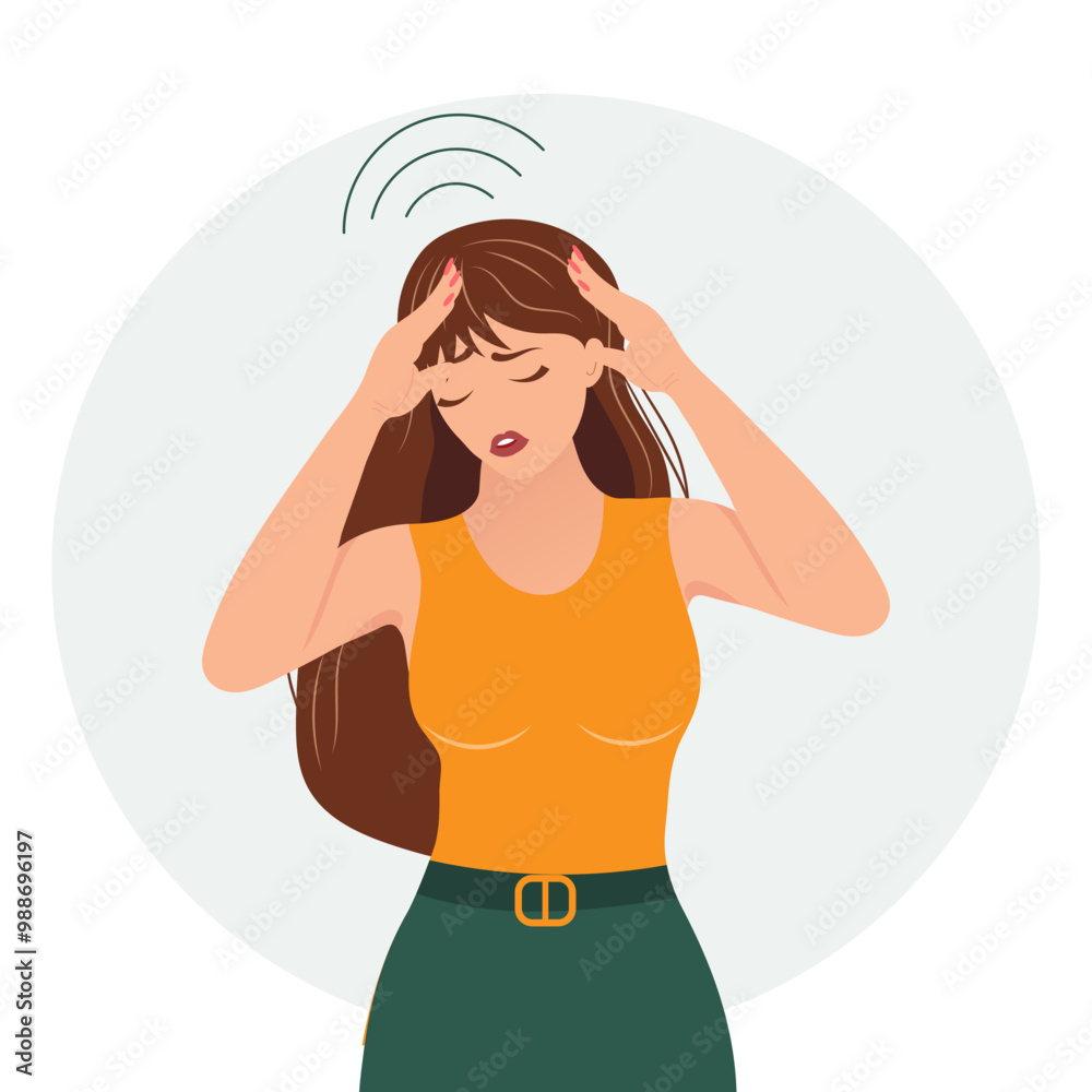 Young woman with acute headache. The concept of health and medicine. Illustration, vector Young woman with acute headache. The concept of health and medicine. Illustration, vector