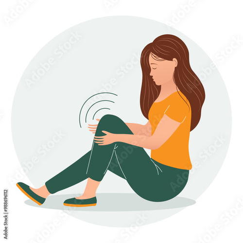 Sad young woman with pain in her knees, legs. The concept of health and medicine. Illustration, vector