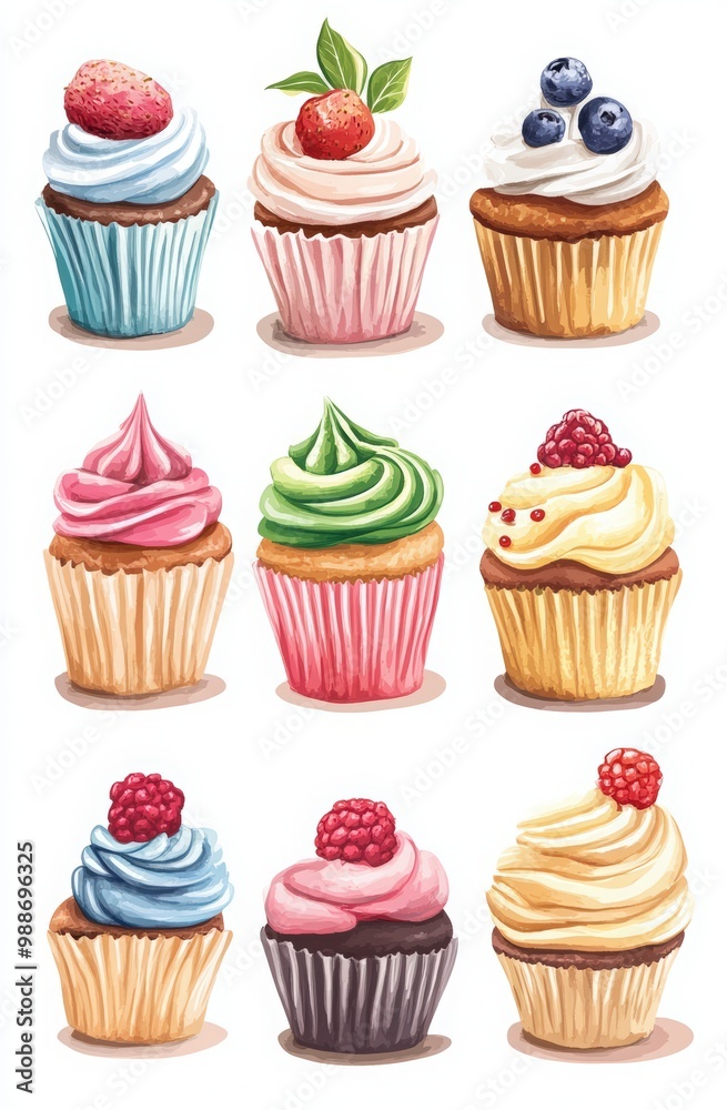 bakery and cafe banners, posters, and advertising materials. cupcakes decorated with cream swirls of various colors, one filled with blueberries or strawberries, and another with chocolate chips. bakery and cafe banners, posters, and advertising materials. cupcakes decorated with cream swirls of various colors, one filled with blueberries or strawberries, and another with chocolate chips.