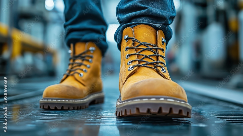 Close-up of rugged yellow work boots worn on a factory floor, symbolizing industrial safety, manual labor, and durable footwear used in heavy-duty construction and manufacturing environments. Close-up of rugged yellow work boots worn on a factory floor, symbolizing industrial safety, manual labor, and durable footwear used in heavy-duty construction and manufacturing environments.