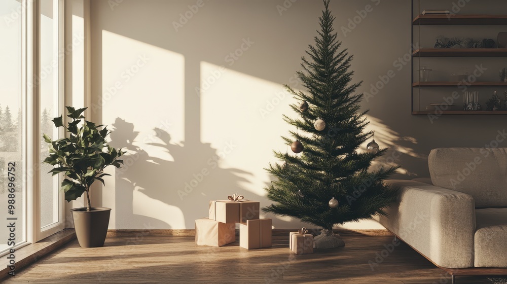 Cozy Christmas Scene with Evergreen Tree and Warm Lighting Cozy Christmas Scene with Evergreen Tree and Warm Lighting