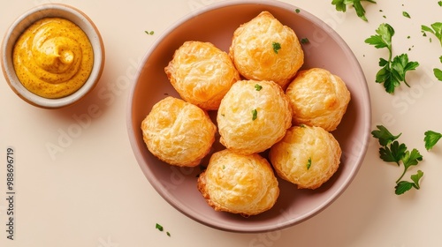 A bowl of cheesy bread rolls served with mustard and garnished with parsley.