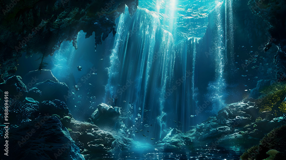 Fototapeta premium Underwater Cave with Waterfall and Sunlight