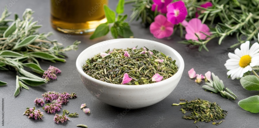 The image features a bowl of dried herbs surrounded by fresh herbs, flowers, and a bottle of oil, showcasing a vibrant and aromatic herbal arrangement.
