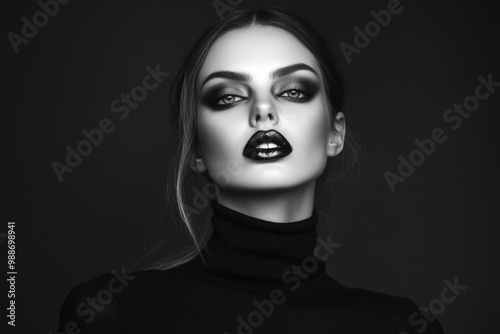 Black-and-white fashion portrait of a beautiful woman with high contrast.