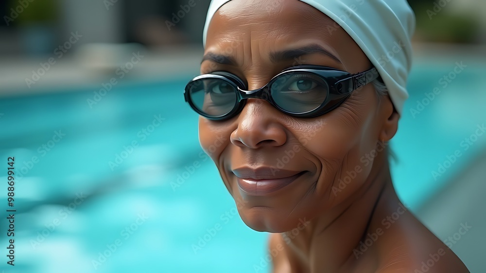Elderly African American woman wearing swimming goggles and pool cap against pool background Elderly African American woman wearing swimming goggles and pool cap against pool background