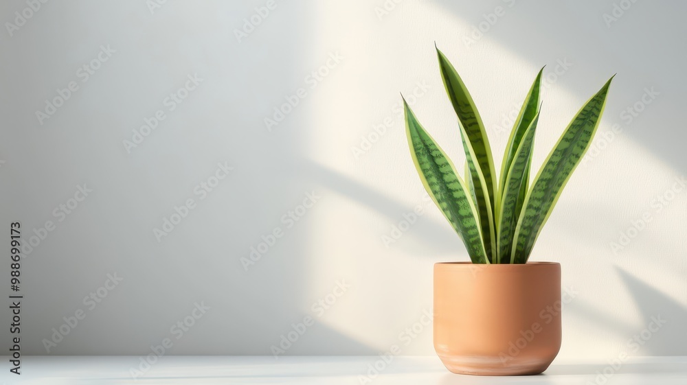 A stylish snake plant in a terracotta pot on a bright, softly lit surface, showcasing its vibrant green leaves against a light background. A stylish snake plant in a terracotta pot on a bright, softly lit surface, showcasing its vibrant green leaves against a light background.