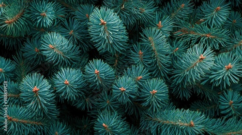 short needles of a coniferous tree close-up on a green background, texture of needles of a Christmas tree close-up, blue pine branches, with generative ai