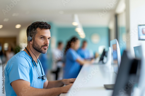 Male Nurse Working at Hospital Reception Desk