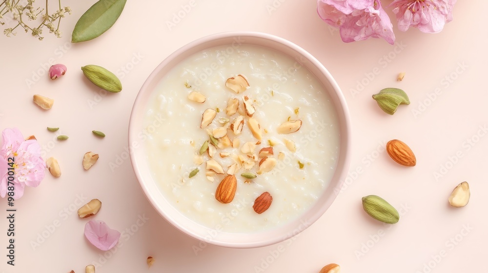 A bowl of creamy dessert topped with nuts, surrounded by flower petals and seeds. A bowl of creamy dessert topped with nuts, surrounded by flower petals and seeds.