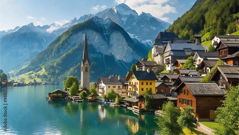 Fototapeta premium Hallstatt village in the Alps, featuring colorful houses cascading down a mountain by a serene lake, Generative AI.