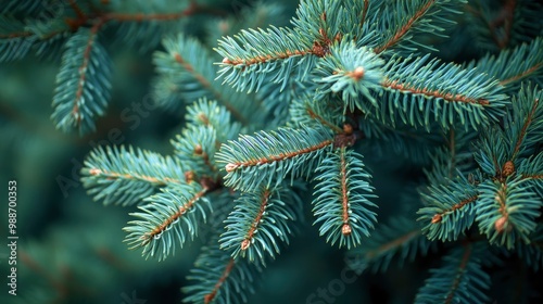 short needles of a coniferous tree close-up on a green background, texture of needles of a Christmas tree close-up, blue pine branches, with generative ai