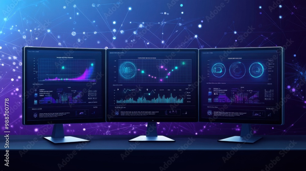Fototapeta premium Computer monitor displaying an abstract dashboard with data analytics, graphs and charts