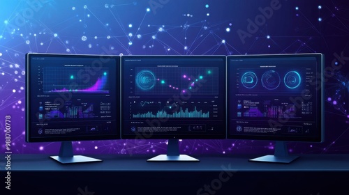 Computer monitor displaying an abstract dashboard with data analytics, graphs and charts