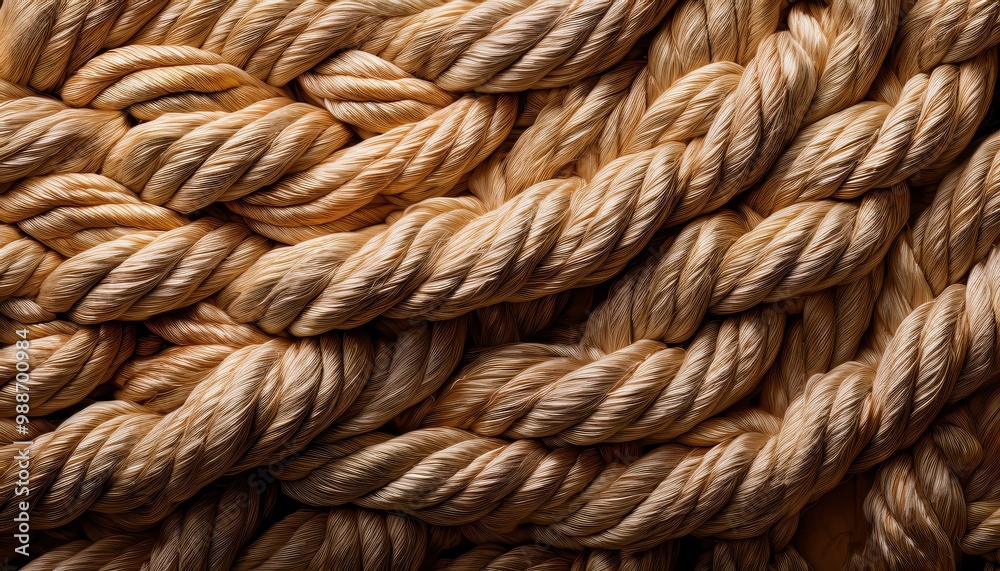 Detailed close up of intertwined hemp rope, creating textured background with rustic and vintage feel, showcasing strength and connection. Brown fiber braided and plaited for rough, grunge look Detailed close up of intertwined hemp rope, creating textured background with rustic and vintage feel, showcasing strength and connection. Brown fiber braided and plaited for rough, grunge look