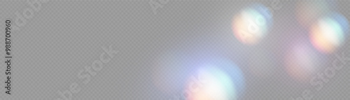 Crystal light effect. Set of colorful vector lenses and light flares with transparent effects. Iridescent crystal leak glare reflection effect. Optical rainbow lights, glare, leak, streak overlay.