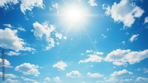 Clear blue sky with bright sun and fluffy clouds, perfect for copyspace or background use