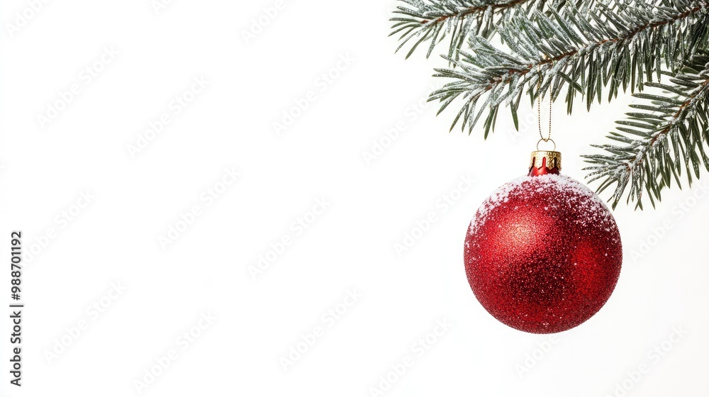 Single Red Christmas glass ball hanging from a pine branch, isolated on white with copy space with generative ai Single Red Christmas glass ball hanging from a pine branch, isolated on white with copy space with generative ai