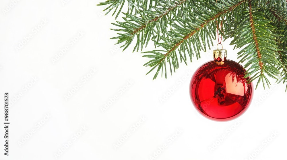 Single Red Christmas glass ball hanging from a pine branch, isolated on white with copy space  with generative ai