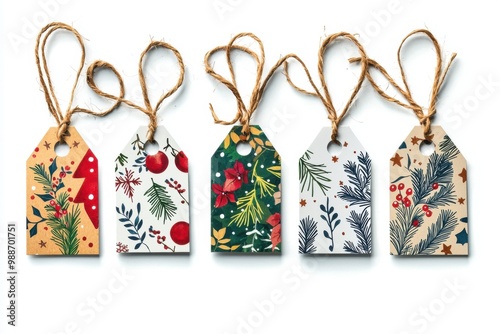 Christmas gift tags with twine and floral patterns.