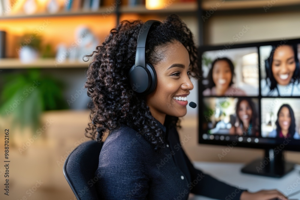 Happy african American woman working remotely on a virtual video team meeting call, headset, remote work and flexible culture concept. Inclusive and diverse workplace. DEI remote working. Happy african American woman working remotely on a virtual video team meeting call, headset, remote work and flexible culture concept. Inclusive and diverse workplace. DEI remote working.