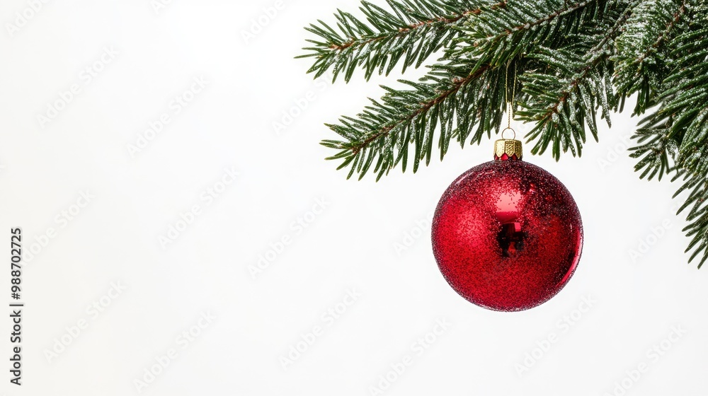 Single Red Christmas glass ball hanging from a pine branch, isolated on white with copy space with generative ai Single Red Christmas glass ball hanging from a pine branch, isolated on white with copy space with generative ai