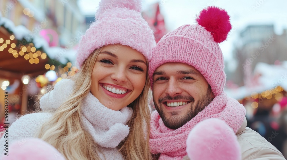 Obraz premium couple at christmas market, girlfriend showing