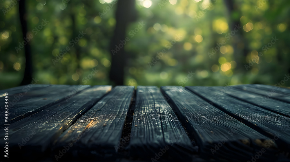 Fototapeta premium Wooden Table in a Sunlit Forest Nature Photography