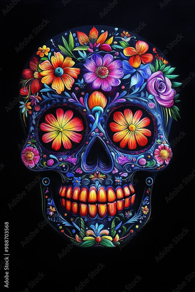 Fototapeta premium Day of the Dead, greeting banner, Mexican colorful skulls. Mexican, hispanic ceramic pottery Day of the Dead ,Dia de los Muertos, skulls 