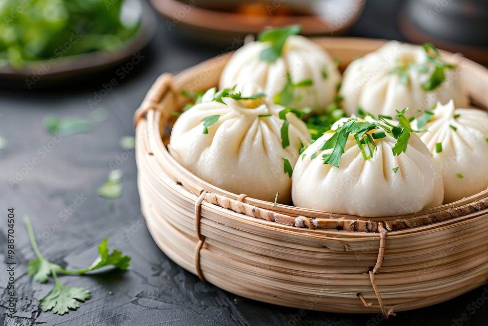 Warm baozi buns nestled in a woven basket, garnished with fresh herbs.Baozi buns.Gua bao buns.Asian cuisine.Chinese steamed bun. Warm baozi buns nestled in a woven basket, garnished with fresh herbs.Baozi buns.Gua bao buns.Asian cuisine.Chinese steamed bun.
