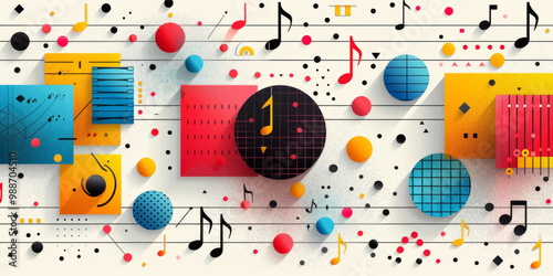 Harmonious back-to-school background, balanced geometric patterns and icons, music theory staves and clefs, melodic design