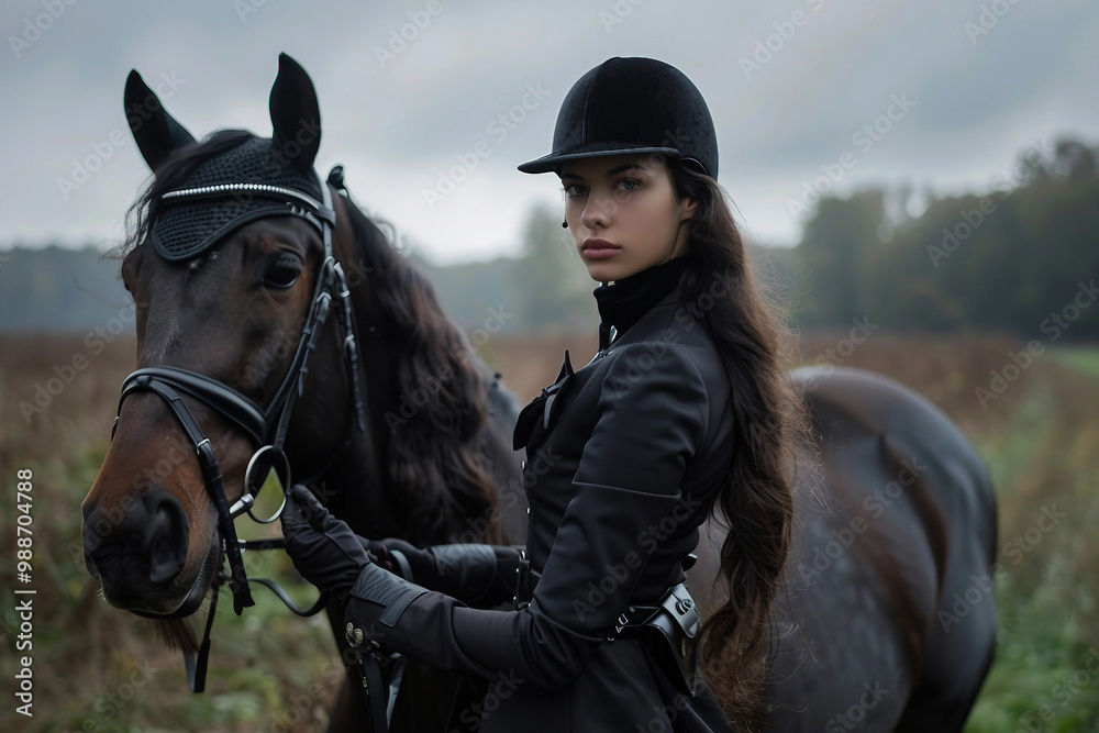 Obraz premium Equestrian sports training, young person learn to ride horse, pure breed animal Generative AI