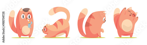 Funny Cat Character Tame Pet with Tail and Cute Snout Vector Set