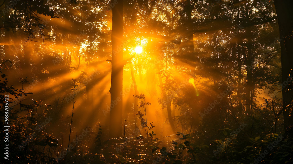 Fototapeta premium Golden Sunlight Through Trees in a Misty Forest