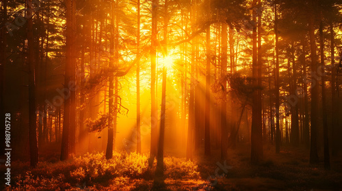Golden Hour Sunlight Through Forest Trees