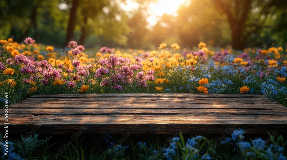 Empty wooden table overlooking a vibrant flower garden Empty wooden table overlooking a vibrant flower garden