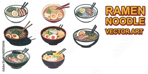 Vector art collection of a bowl of ramen featuring illustrations of ramen with various elements such as noodles, eggs, meat and sauce in a minimalist style. Suitable for restaurant logos, menu designs