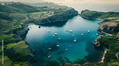 Wallpaper Mural Aerial View of a Secluded Bay with Boats and Green Hills Torontodigital.ca