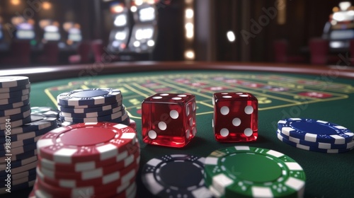 Poker Chips and Dice on Computer Keyboard Representing Online Gambling and Risk photo