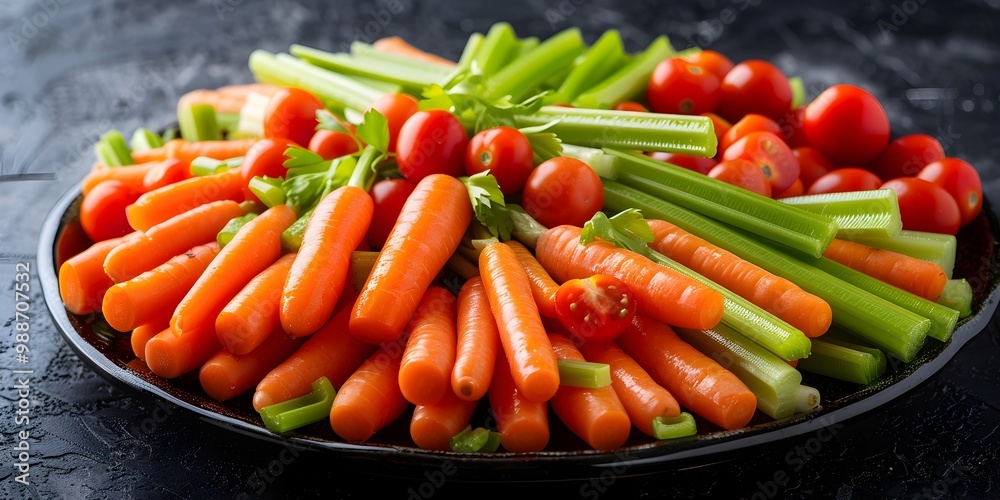 A plate of vegetables including carrots, celery, and tomatoes A plate of vegetables including carrots, celery, and tomatoes