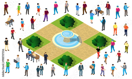 Diverse crowd of people walking around park fountain isometric illustration