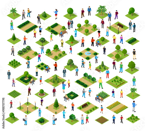 People spending time in a green city park isometric illustration