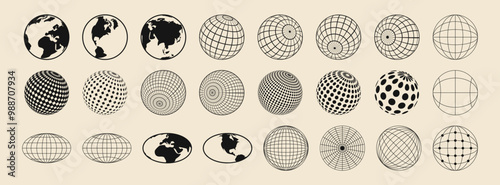 Globe world icon. Education map. Earth silhouette template. Orb grid model. Ocean and continent border. Geography science sign. Logistics global app. ECO cartography. Vector garish planet symbols set
