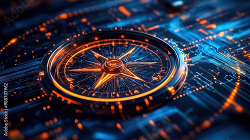 Wallpaper Mural Illuminate Your Space: High-Tech Compass Poster Blending Blue and Orange Light Trails on a Modern Circuit Layout for Dynamic Sports Interior Design Torontodigital.ca