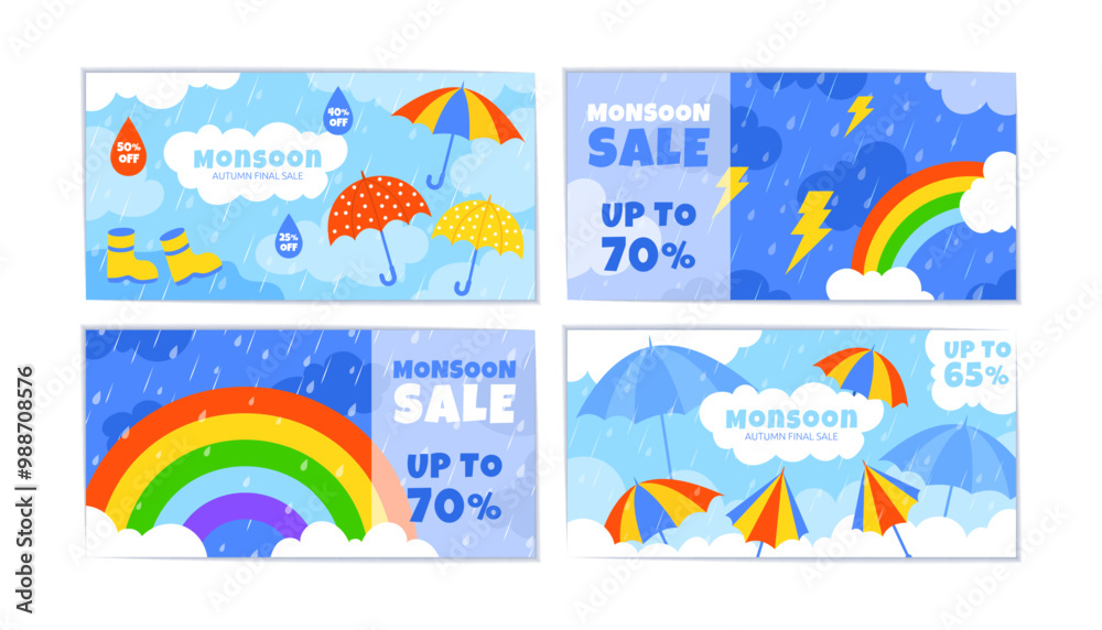 Naklejka premium Happy rain background. Rainy season. Monsoon or rainbow. Clouds with lightnings. Water drops. Storm umbrella. Abstract business design about sale. Autumn and spring discount. Vector garish banners set
