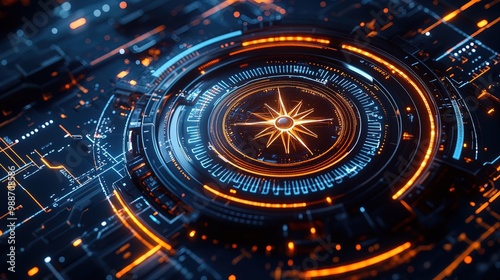 Wallpaper Mural Illuminate Your Space: High-Tech Compass Poster Blending Blue and Orange Light Trails on a Modern Circuit Layout for Dynamic Sports Interior Design Torontodigital.ca