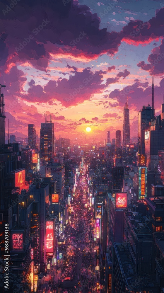 Fototapeta premium A Cityscape at Sunset with Crowds on a Street Below