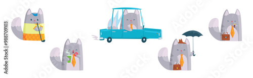 Grey Cat Businessman Character in Formal Tie Vector Set