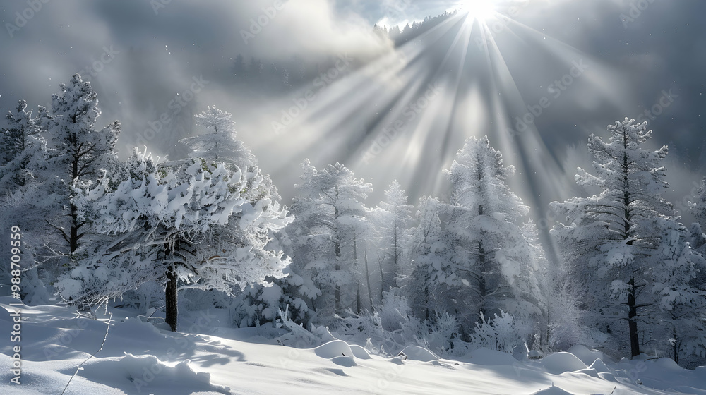 Fototapeta premium Sun Rays Illuminating a Snowy Forest in Winter