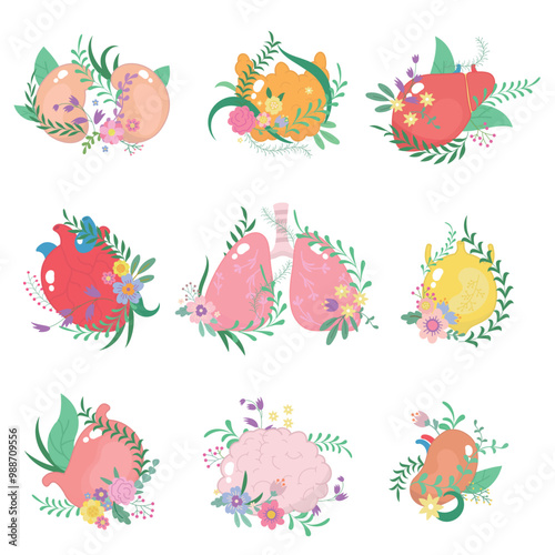 Internal organs with plants. Healthy human organ in flowers and branches. Person anatomy, heart lungs brain liver nowaday vector stickers design